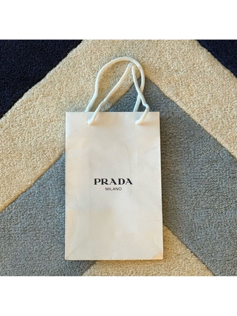 Prada Milano Boutique Classic White Small  Shopping Bag w/ Navy Blue Logo